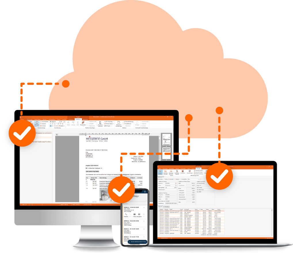 Unsere Handwerkersoftware lässt sich in der Cloud über alle browserfähigen Endgeräte aufrufen