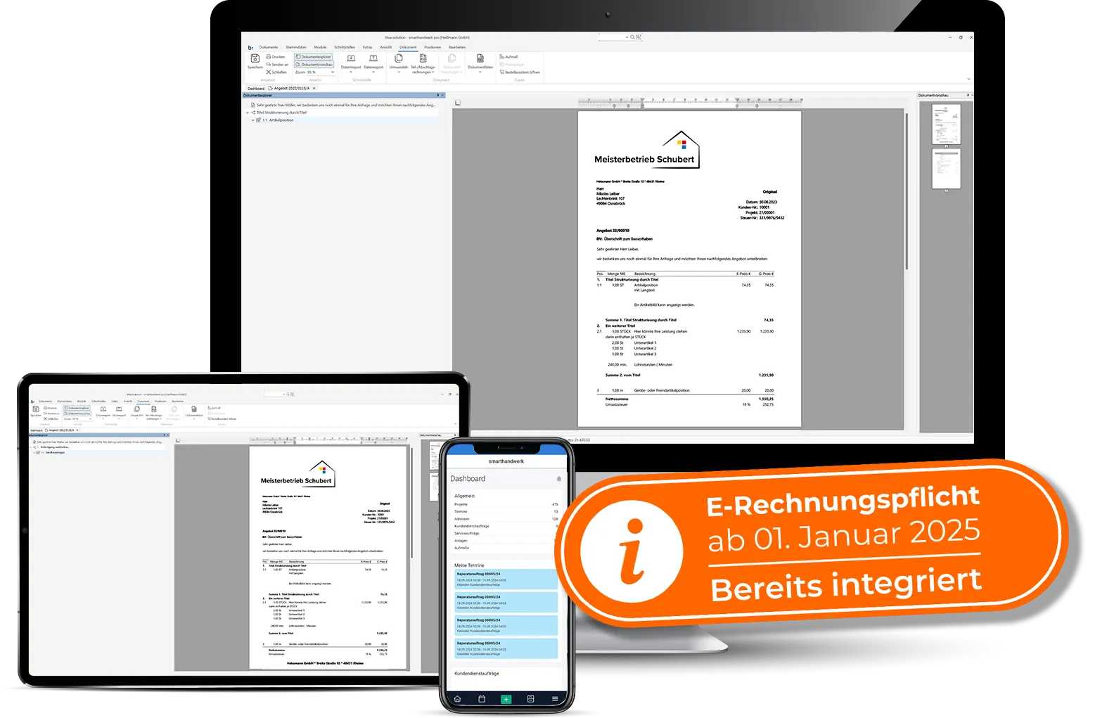 Bildschirm, Tablet und Handy mit unserer Handwerkersoftware smarthandwerk darauf