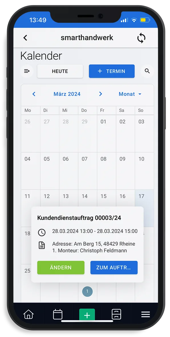 Screenshot des Kalenders in der smarthandwerk App