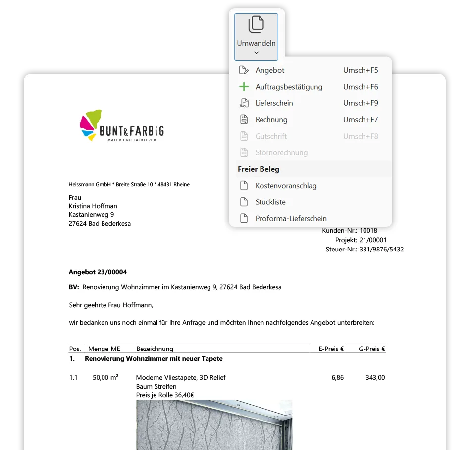 Individualisieren Angebote, Aufträge und Rechnungen für Ihren Malerbetrieb mit Hilfe des Formulareditors